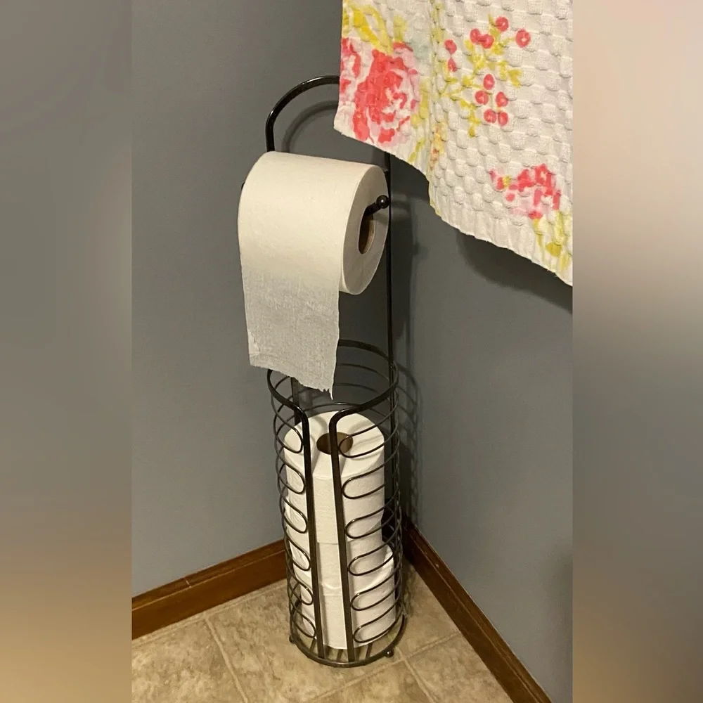 Black Metal Toilet Paper Tower- 28” Tall, Holds 4 Full TP Rolls, +One Hanging-up
